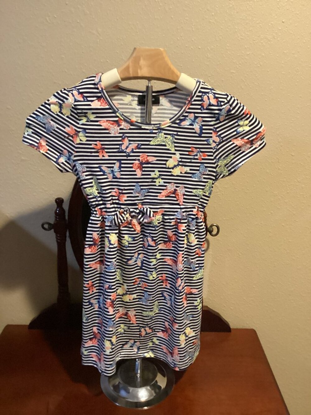 Girls Navy & White Striped Butterfly Print Short Sleeve Dress